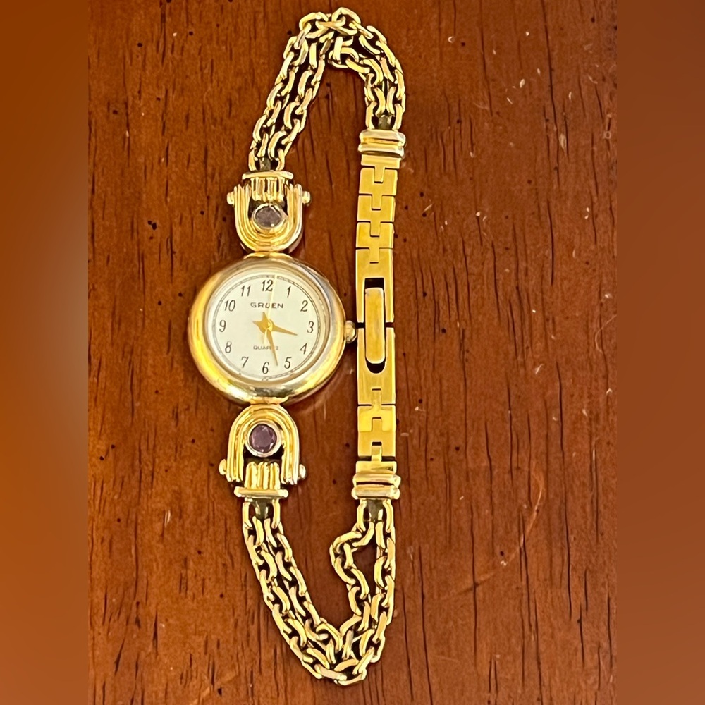 Vintage GRUEN Precision Womens Watch Gold Tone Amethyst Chain Band 8”